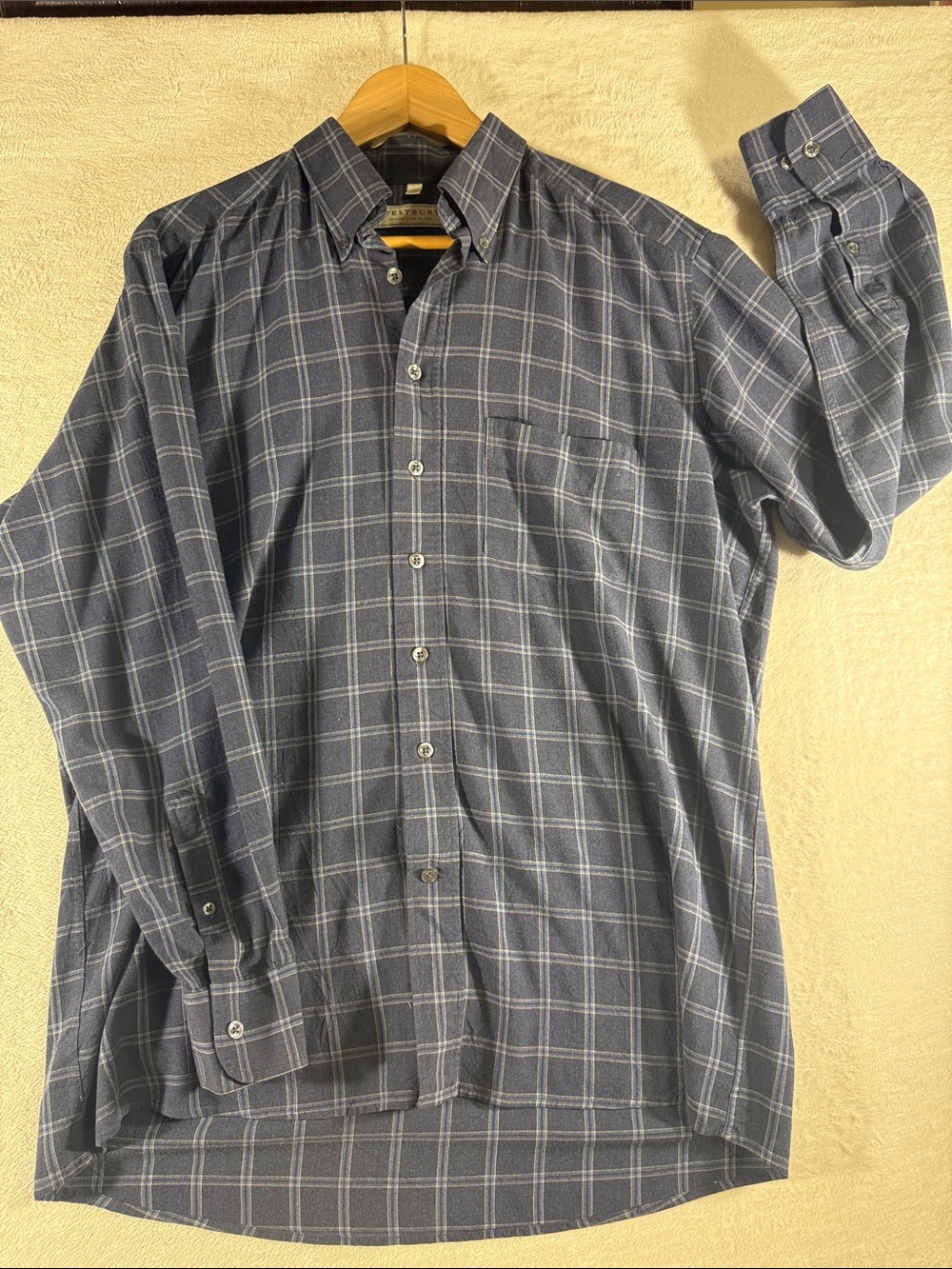 Westbury - Men's Blue Plaid Button-Down Shirt - Large long